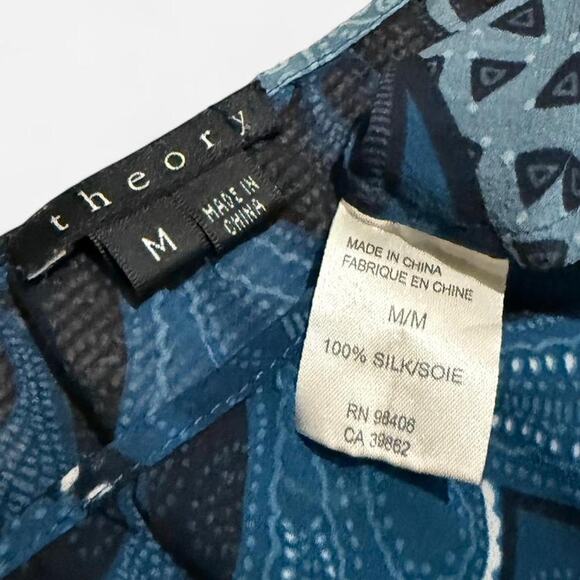 Theory Blue & Black Sheer 100% Silk Boho Paisley Pattern Long Sleeve Top M - Picture 8 of 8